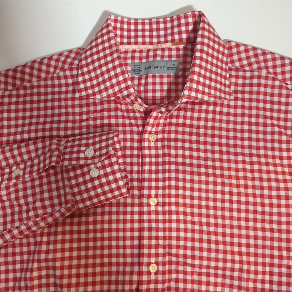 Scott James Men's Red White Gingham Check Long‎ Sleeve Cotton Button Shirt Sz L